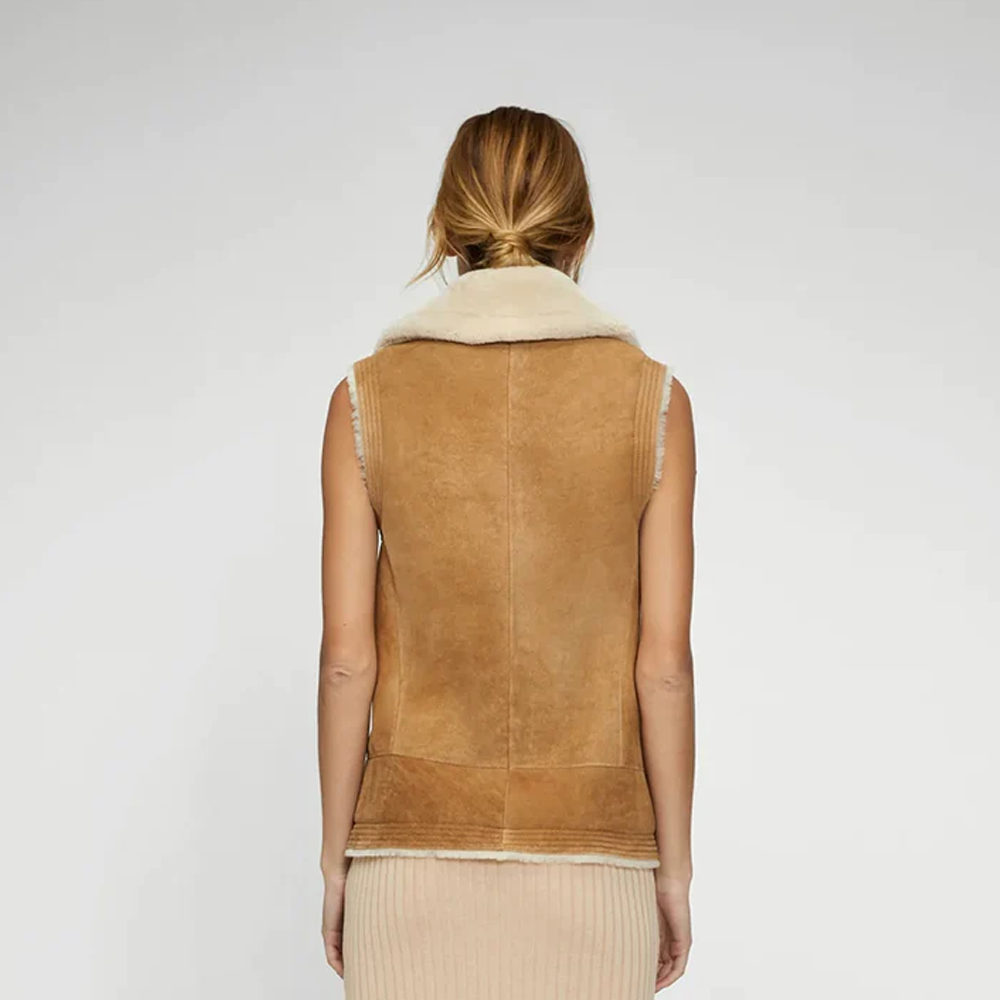 New Women Brown Premium Sheepskin Shearling Leather Vest