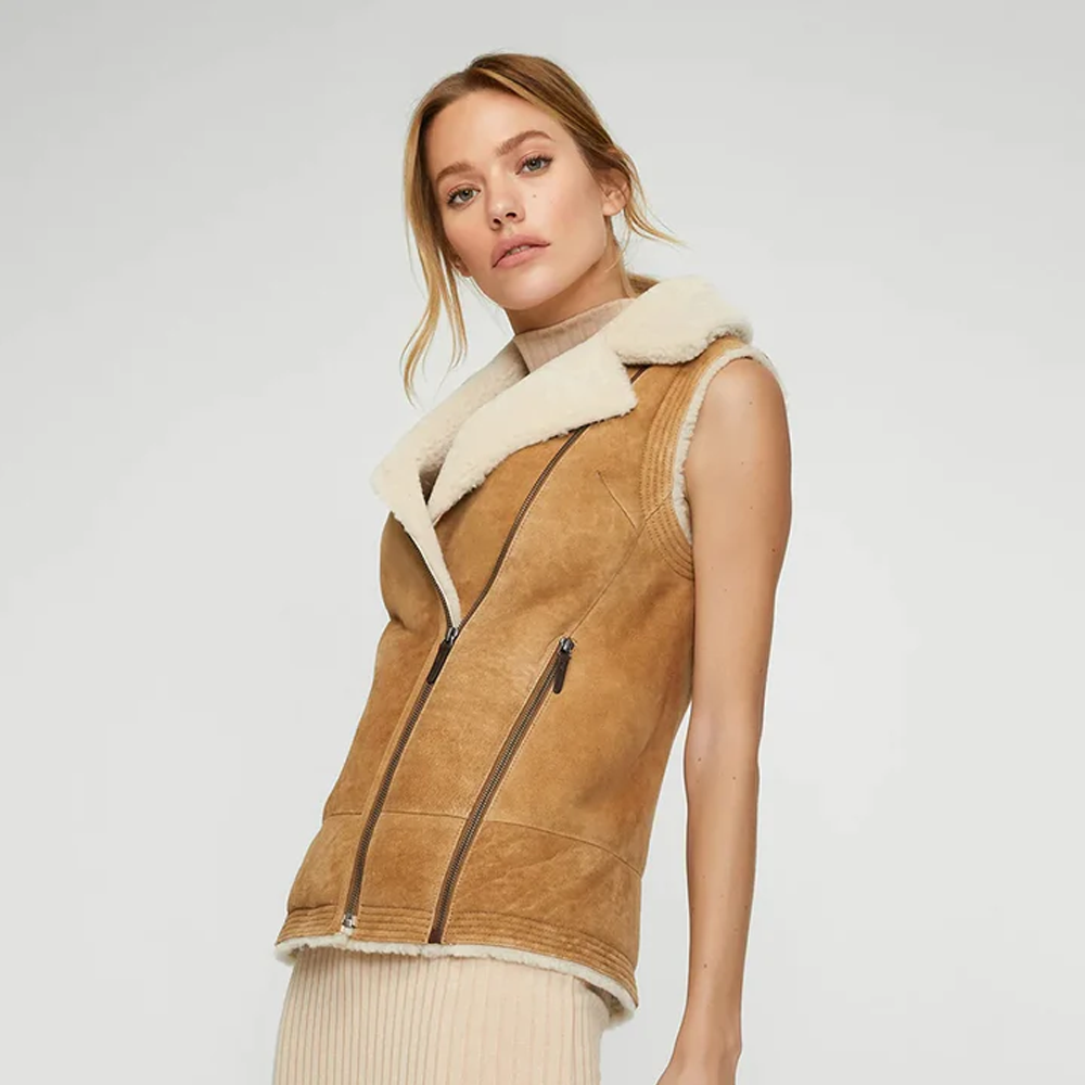 New Women Brown Premium Sheepskin Shearling Leather Vest
