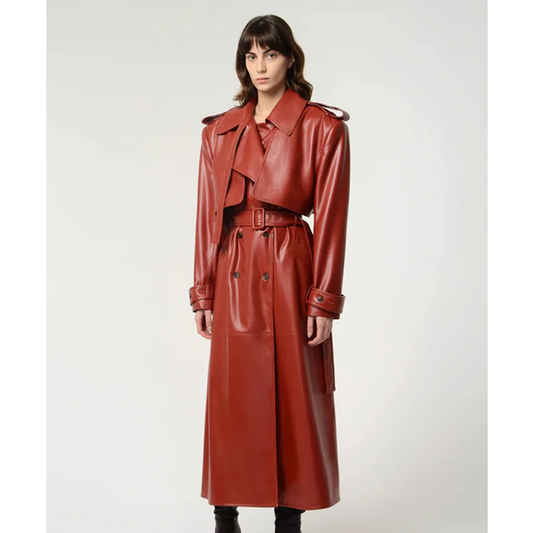 New 2025 Women Red Sheepskin Leather Trench Coat