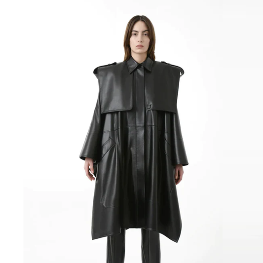 Original Sheepskin Leather Women Oversized Cape Trench Leather Coat