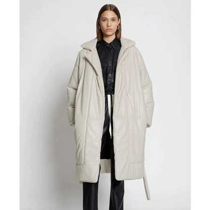 Off White Faux Leather Puffer Trench Coat For Women