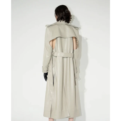 New Women Sheepskin Off White Leather Double Breasted Duster Trench Coat