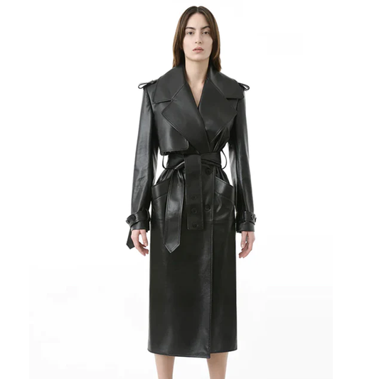 New Black Sheepskin Fitted Leather Trench Coat For Women