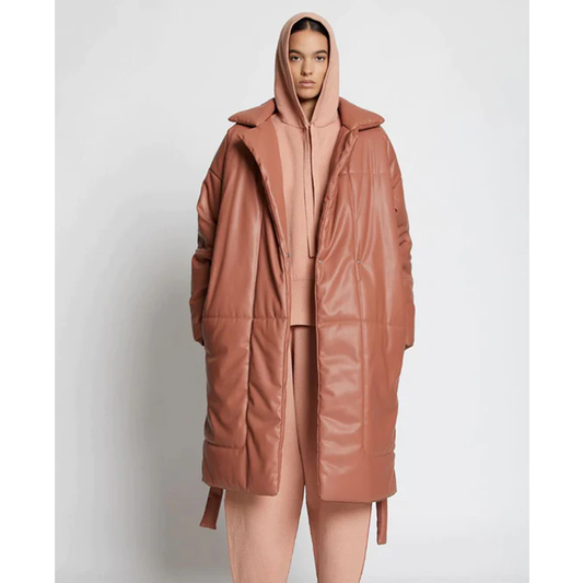 New Women pink Faux Leather Puffer Trench Coat