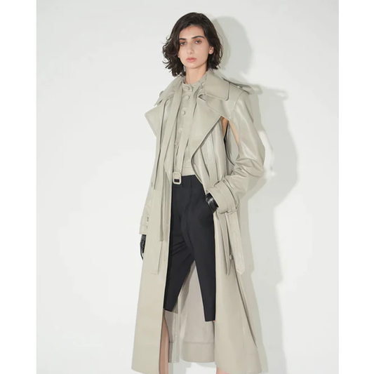 New Women Sheepskin Off White Leather Double Breasted Duster Trench Coat