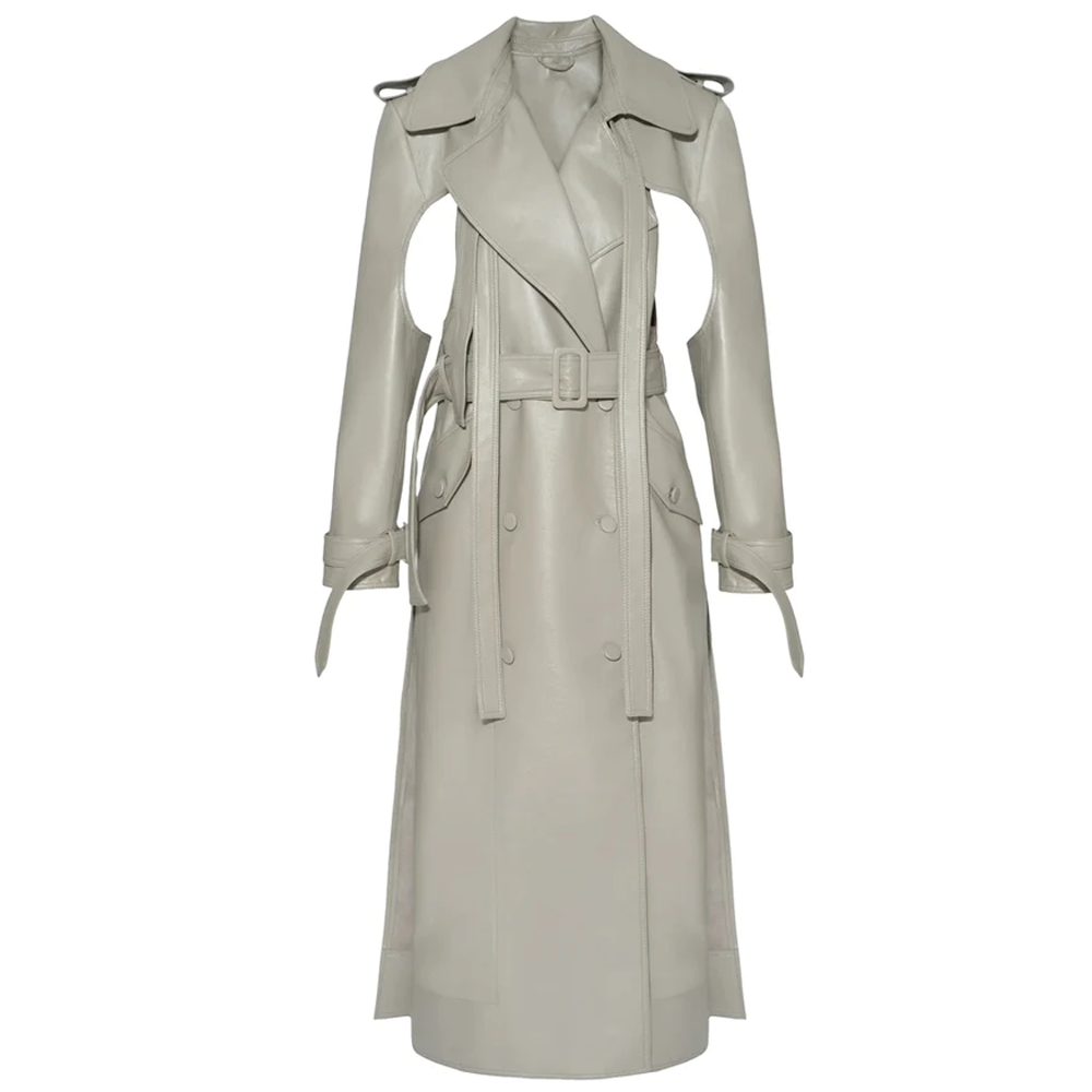 New Women Sheepskin Off White Leather Double Breasted Duster Trench Coat