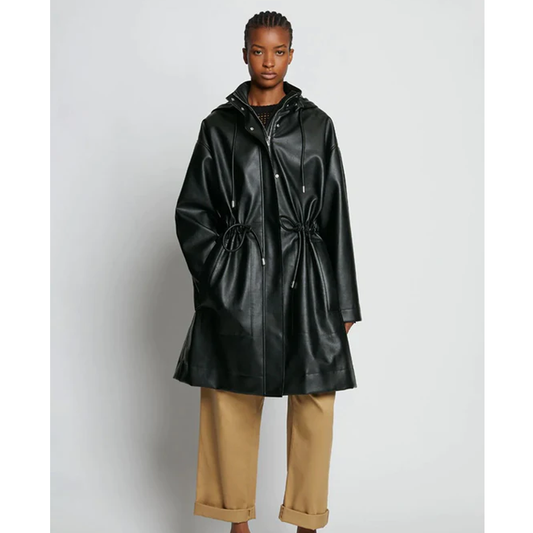 New Black Hooded Sheepskin Leather Trench Duster Coat