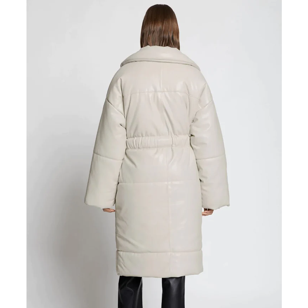 Off White Faux Leather Puffer Trench Coat For Women