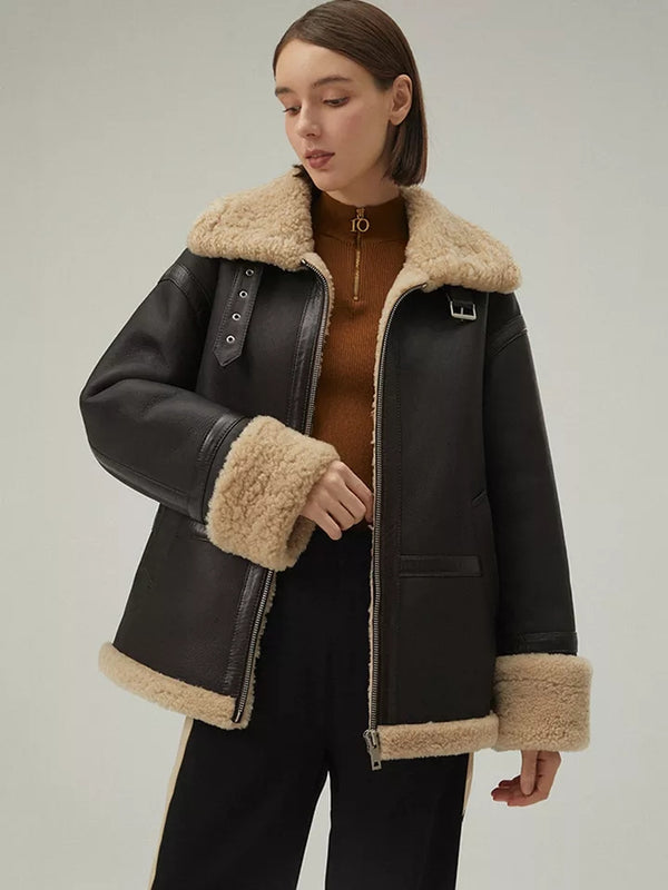 Women’s Matte Black Leather Shearling bomber Big Collar Fur Coat