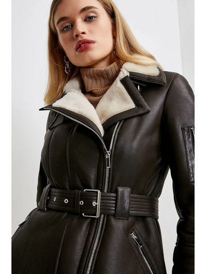 Women’s Dark Brown Leather White Shearling Coat Jacket