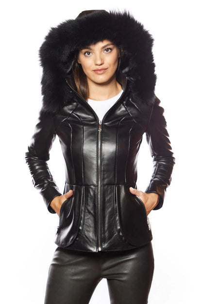 New Women’s Sheepskin Shearling 100% Real Black Leather Hooded Jacket