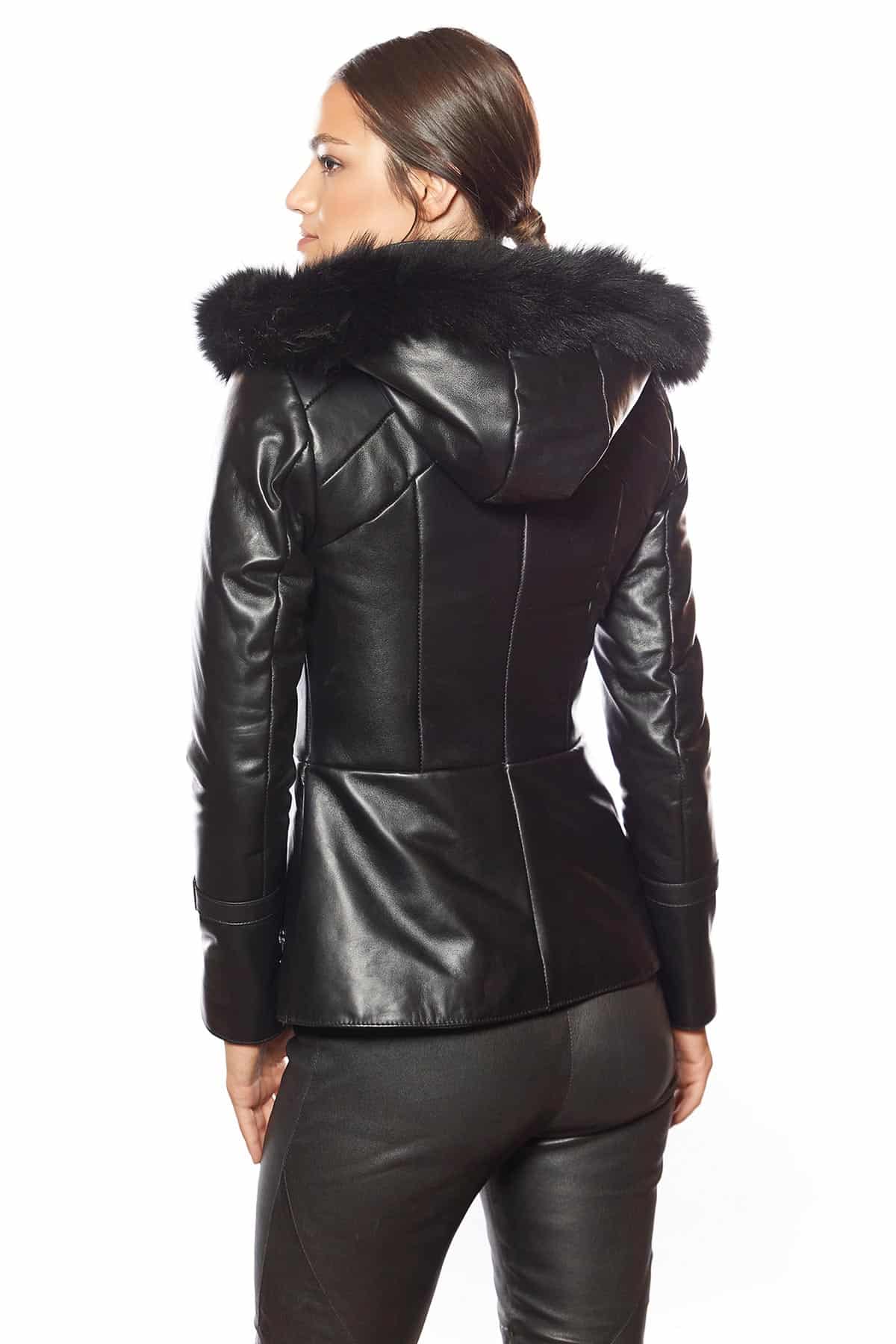 New Women’s Sheepskin Shearling 100% Real Black Leather Hooded Jacket