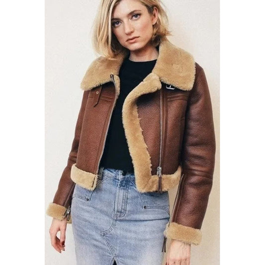 New Sheepskin Women's Aviator Flight Leather Shearling Bomber Jacket and Fur Coat