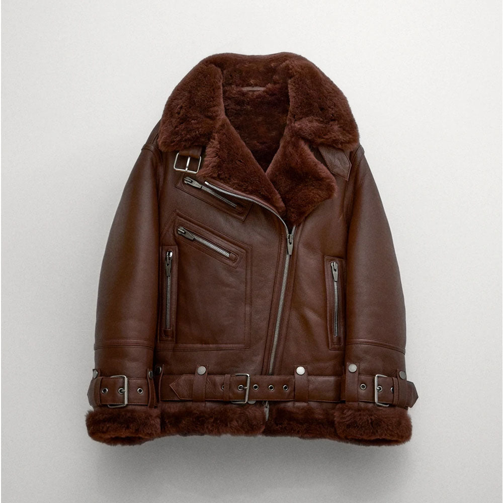 New Sheepskin Shearling Aviator Brown Fashion Leather Jacket For Women
