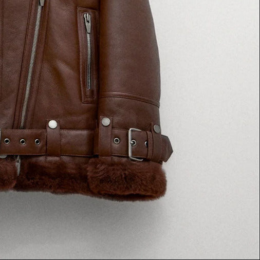 New Sheepskin Shearling Aviator Brown Fashion Leather Jacket For Women