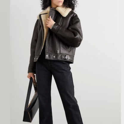 New Black Sheepskin Shearling B3 RAF Aviator Cowhide Leather Jacket For Women