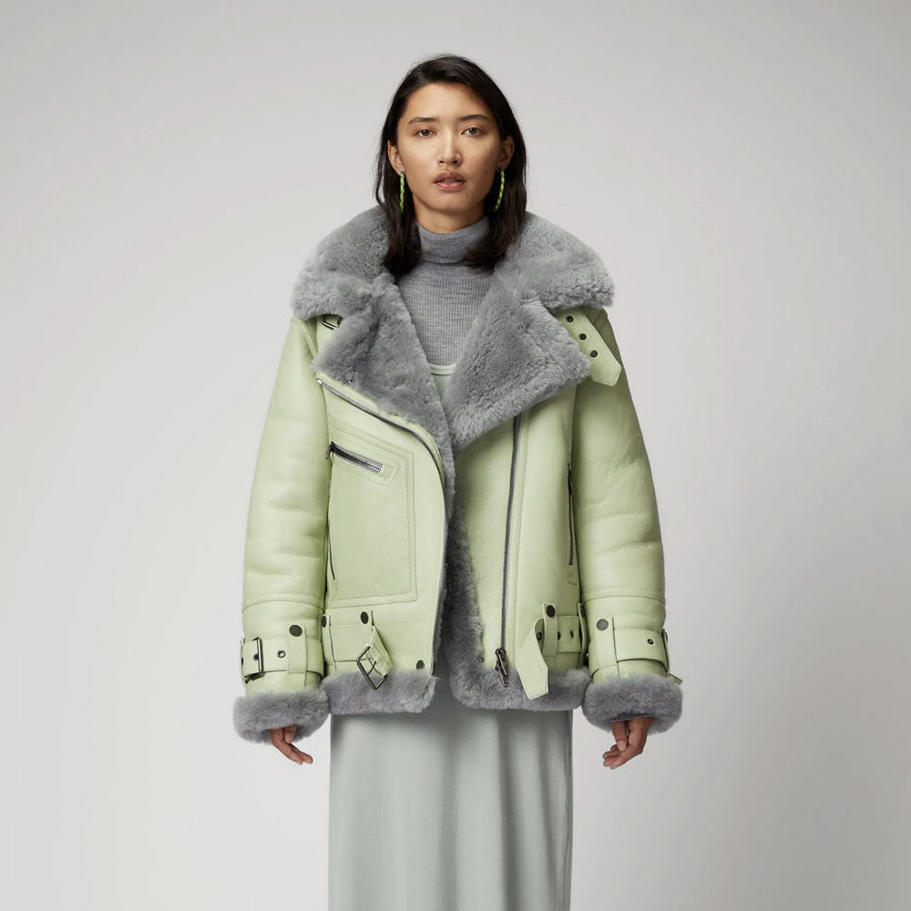 New Light Green Women Sheepskin Shearling Aviator Fashion Leather Jacket