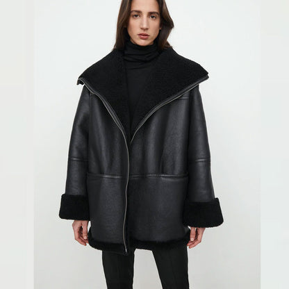 New Black Aviator B3 RAF Sheepskin Shearling Fashion Leather Jacket With Black Fur For Women