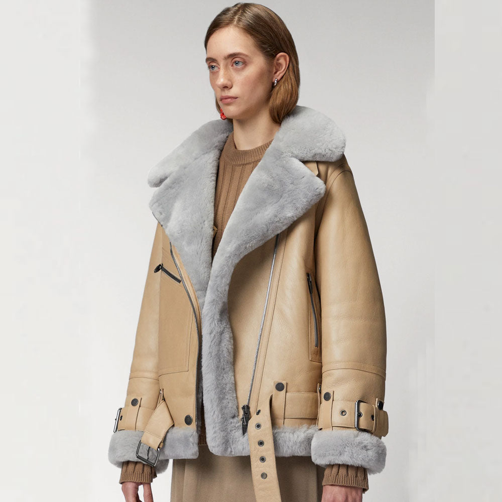 New Women Sheepskin Shearling RAF Aviator Fashion Leather Jacket With Grey Fur
