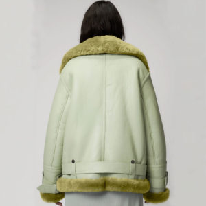Women Light Green Sheepskin Aviator Shearling Fashion B3 Bomber Leather Jacket With Green Fur