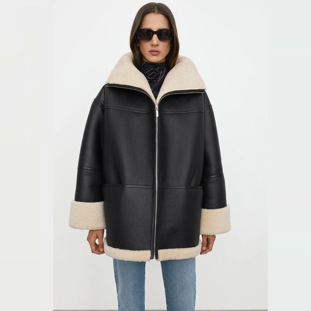 New Black Styled Fashion Sheepskin Shearling Leather Jacket With White Fur For Women