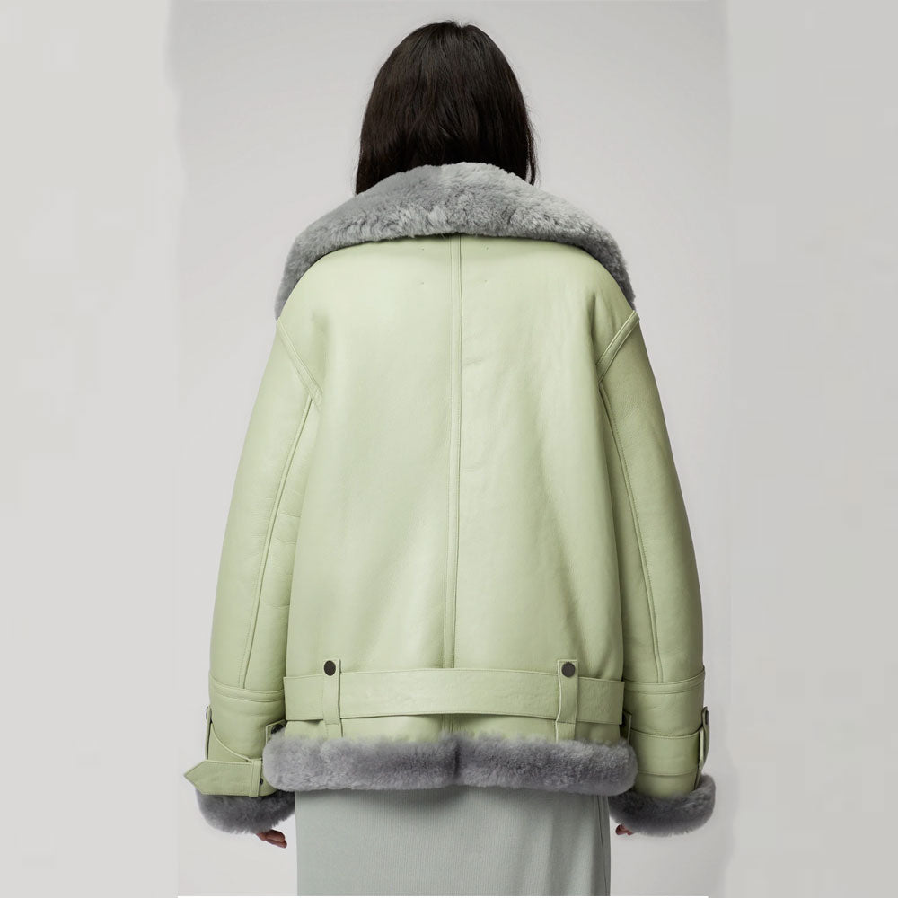New Light Green Women Sheepskin Shearling Aviator Fashion Leather Jacket