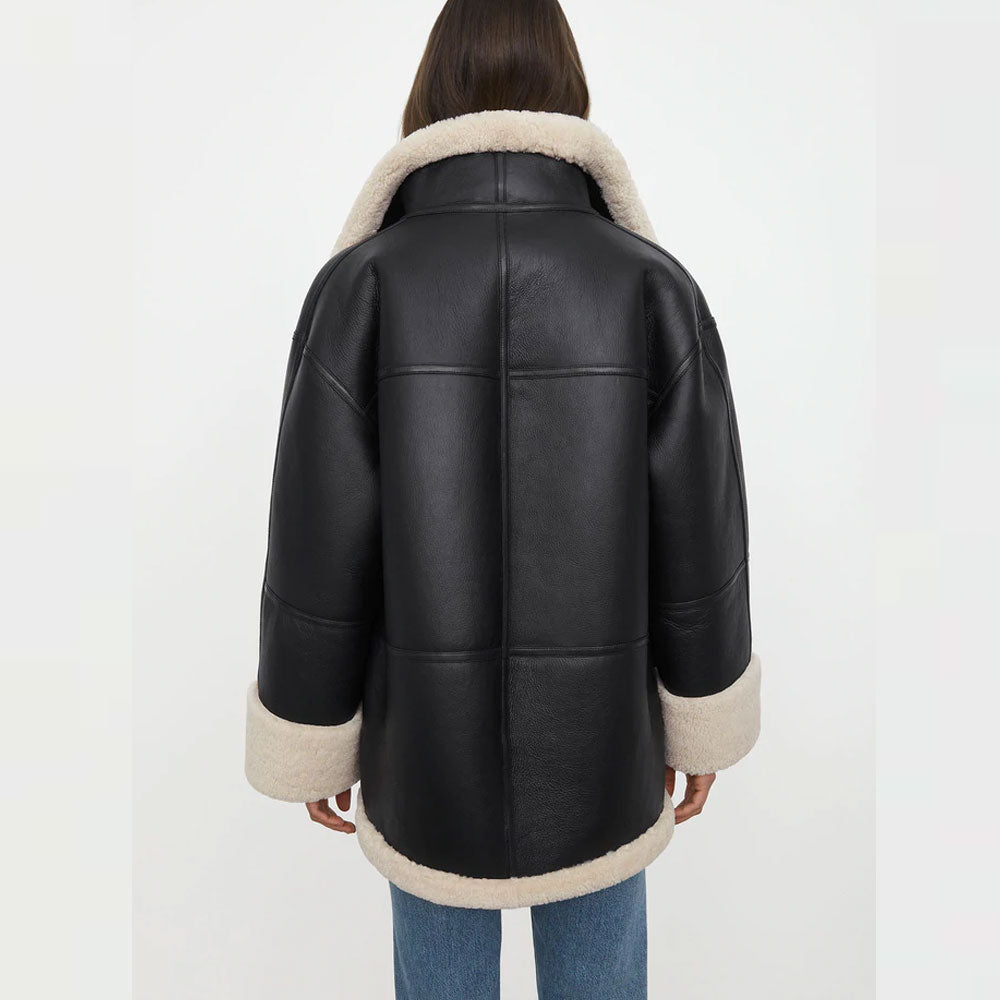 New Black Styled Fashion Sheepskin Shearling Leather Jacket With White Fur For Women