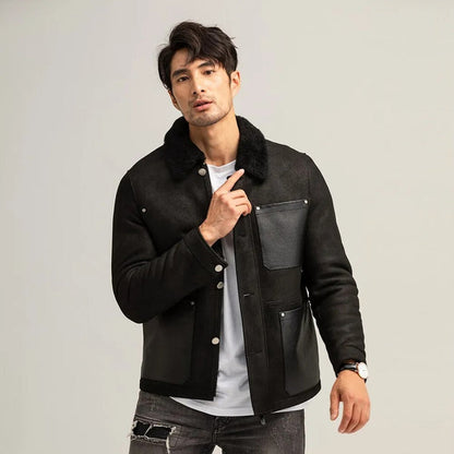 New Men's Black Sheepskin Shearling leather Jacket