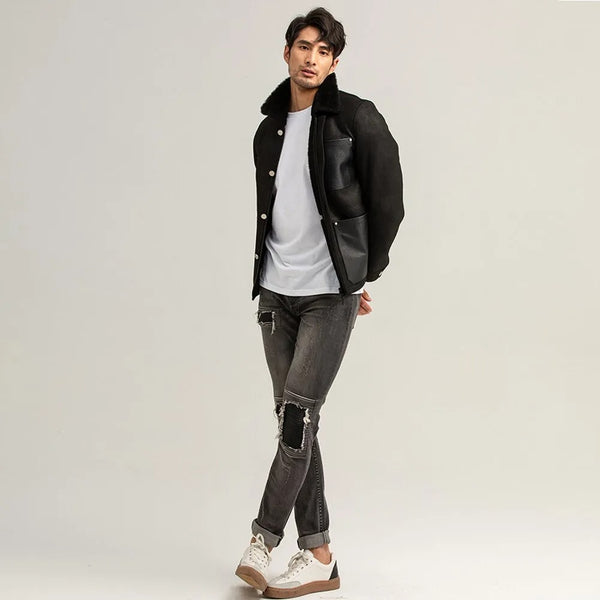 New Men's Black Sheepskin Shearling leather Jacket