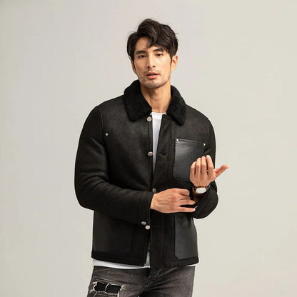 New Men's Black Sheepskin Shearling leather Jacket