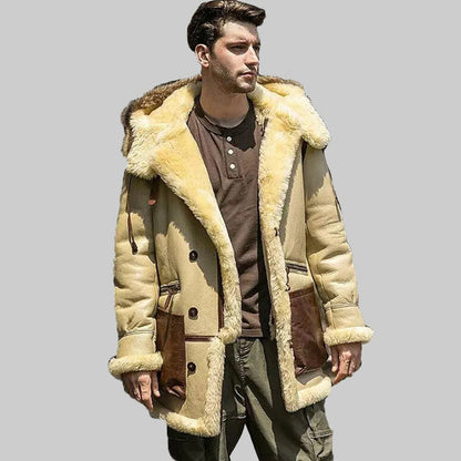 Men's Ivory Yellow Leather Shearling Jacket - Hooded Shearling Coat for men