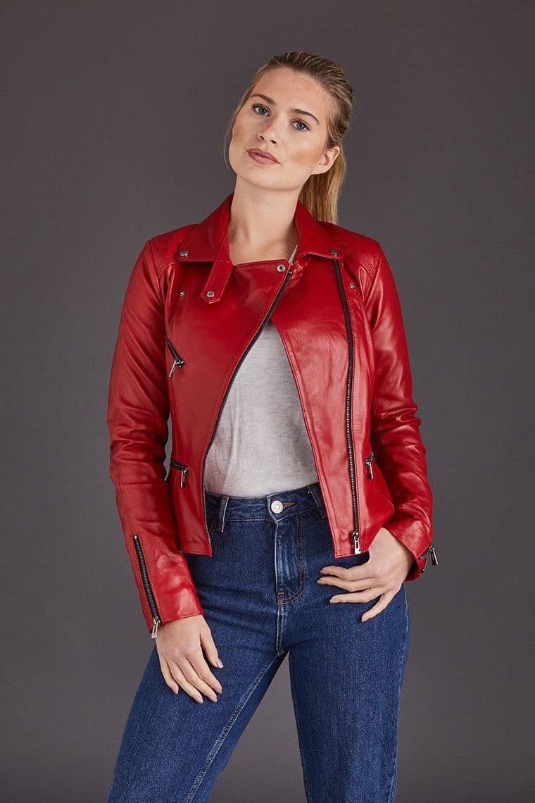 New Best RAF Women Red Lambskin Motorcycle Leather Biker Jacket