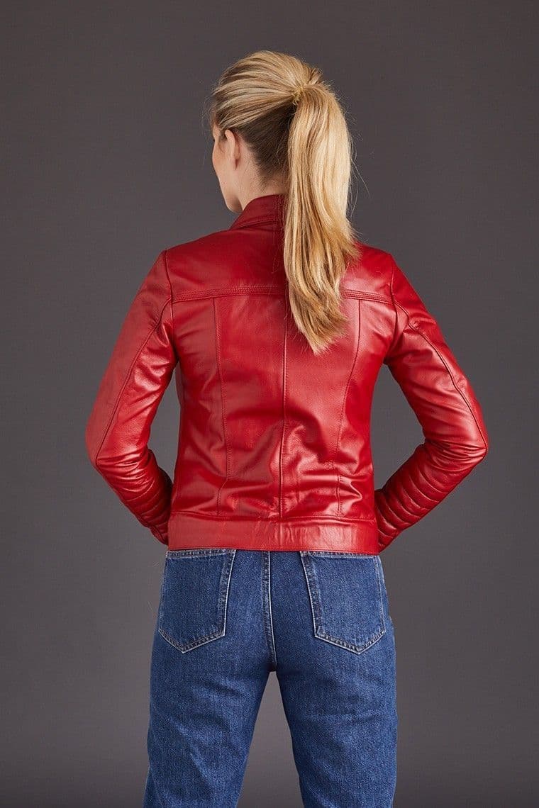 New Best RAF Women Red Lambskin Motorcycle Leather Biker Jacket