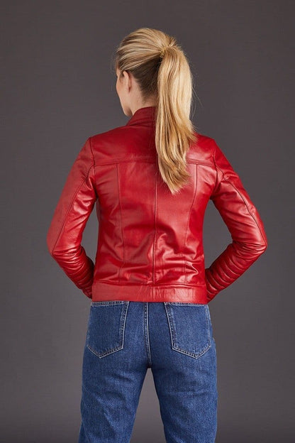 New Best RAF Women Red Lambskin Motorcycle Leather Biker Jacket