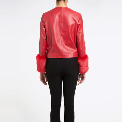 New Women's Red Sheepskin Leather biker jacket with Faux Fur