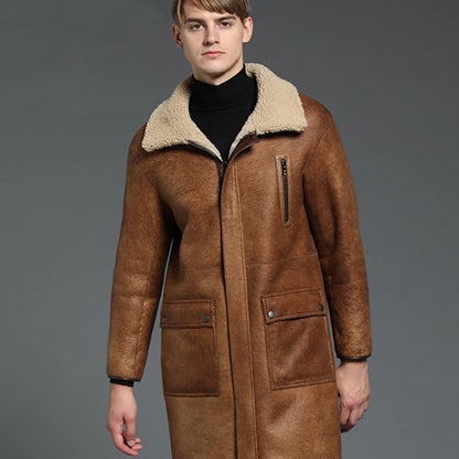 New Sheepskin Winter Slim B3 Shearling Long Jacket Coat For Men's
