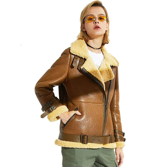 New Women Sheepskin Shearling Leather Bomber Jacket