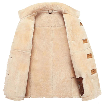 New Men Sheepskin Long Shearling Leather Coat With Turn Down Collar