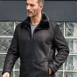 New Black Sheepskin Shearling Fur Outwear Mink Overcoat Lapel Leather Jacket Coat For Men