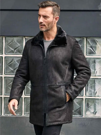 New Black Sheepskin Shearling Fur Outwear Mink Overcoat Lapel Leather Jacket Coat For Men