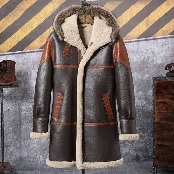 New Sheepskin Hooded Bomber Shearling Leather Trench Coat For Men's