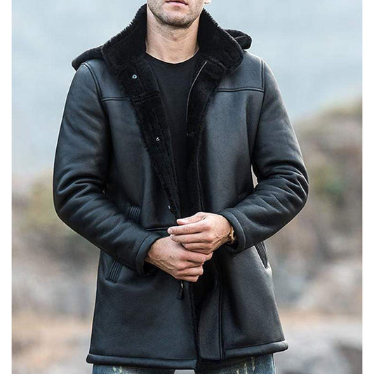 New Men Sheepskin Shearling Trench Hooded Leather Coat