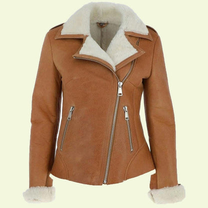 New Camel Brown Leather Shearling Jacket for women