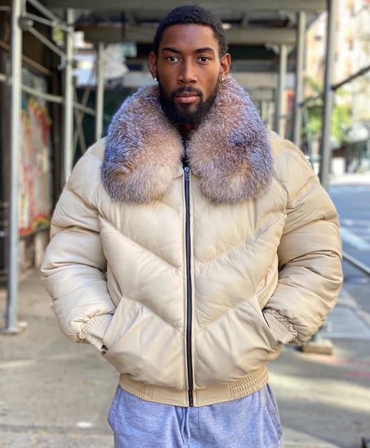 New V Bomber Jacket Cream Color With Crystal Fox Fur For Men