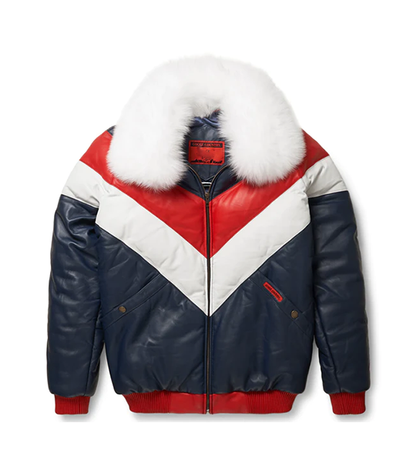 New Men V Bomber Jacket Multi Color Red White Blue With White fur Collar