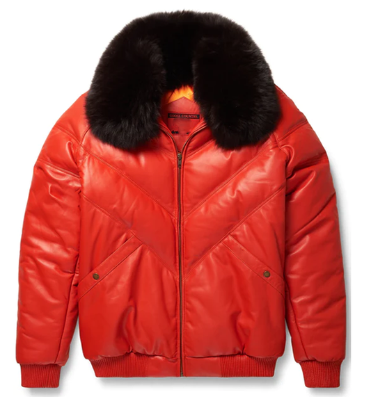New Red Leather V Bomber Jacket With Black Fur Collar For Men