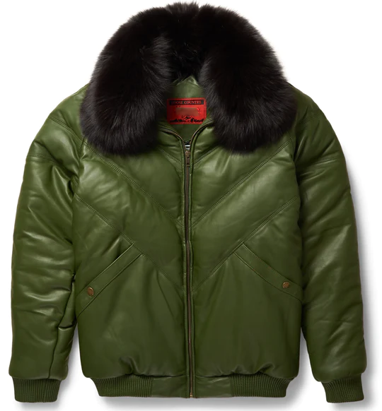 New Olive Leather V-Bomber Jacket For Men With Black Fur Collar