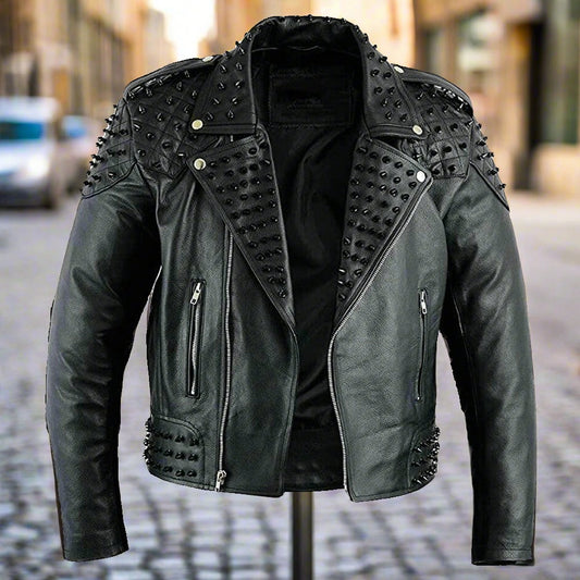 Black Metal Studded Full Sleeve Multipocketed Original Leather Jacket