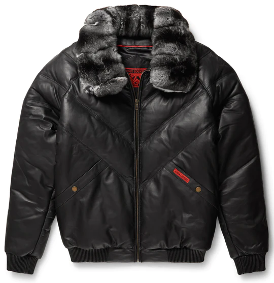New Men Premium Lamb Skin Leather Black V Bomber Jacket With Black Fur Collar