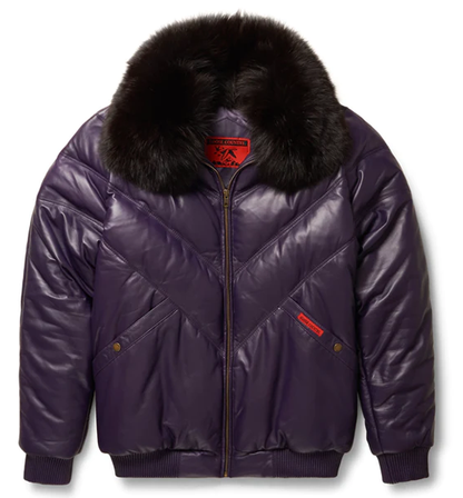 New Men Purple Leather V-Bomber Jacket With Black Fur Collar